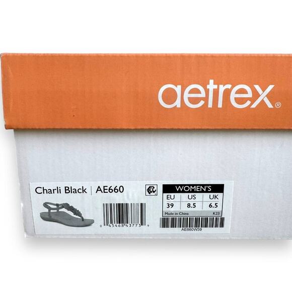Aetrex Women’s Charlie Black Leather T-strap Thong Flat Sandal Size 8.5 NEW - Picture 11 of 11